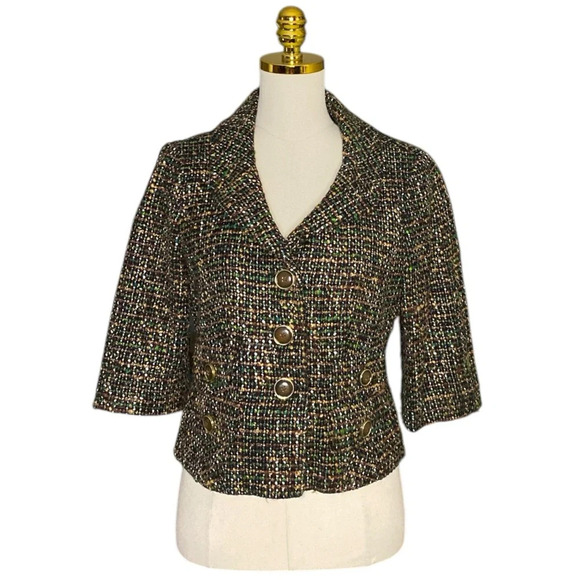 ANN TAYLOR LOFT | Women’s Wool Blend Cropped Tweed Blazer Green Brown Size 8 - Picture 1 of 11